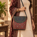 Ajrakh Printed Printed Sling with Leather Flag - Red & Black