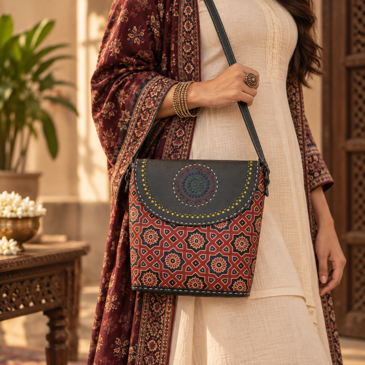 Ajrakh Printed Printed Sling with Leather Flag - Red & Black