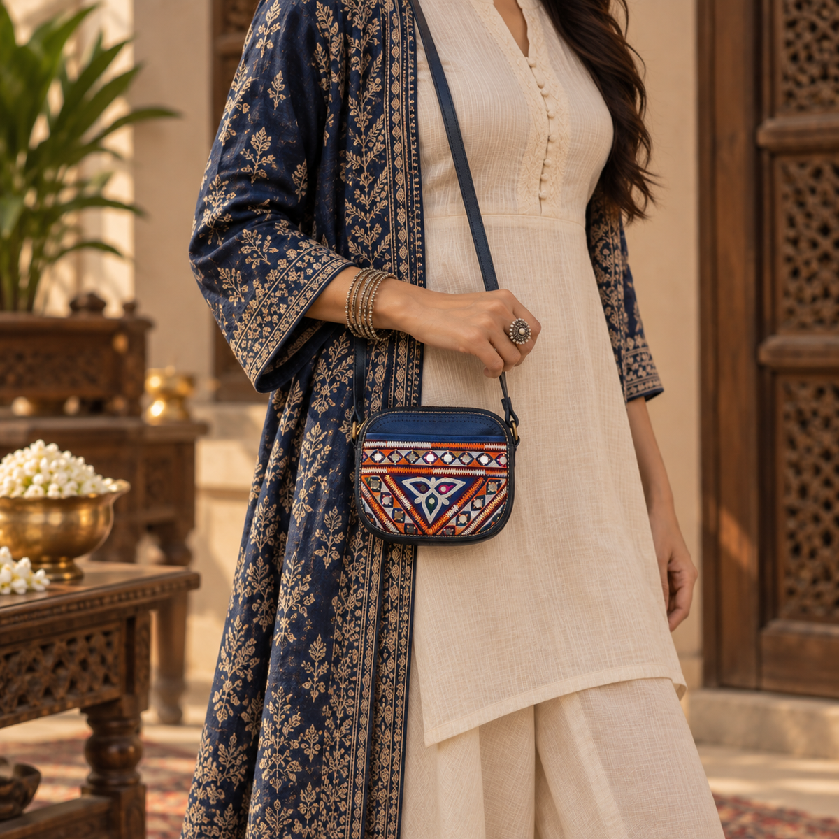 Leather Sling with Handwork Patch Small(Blue)