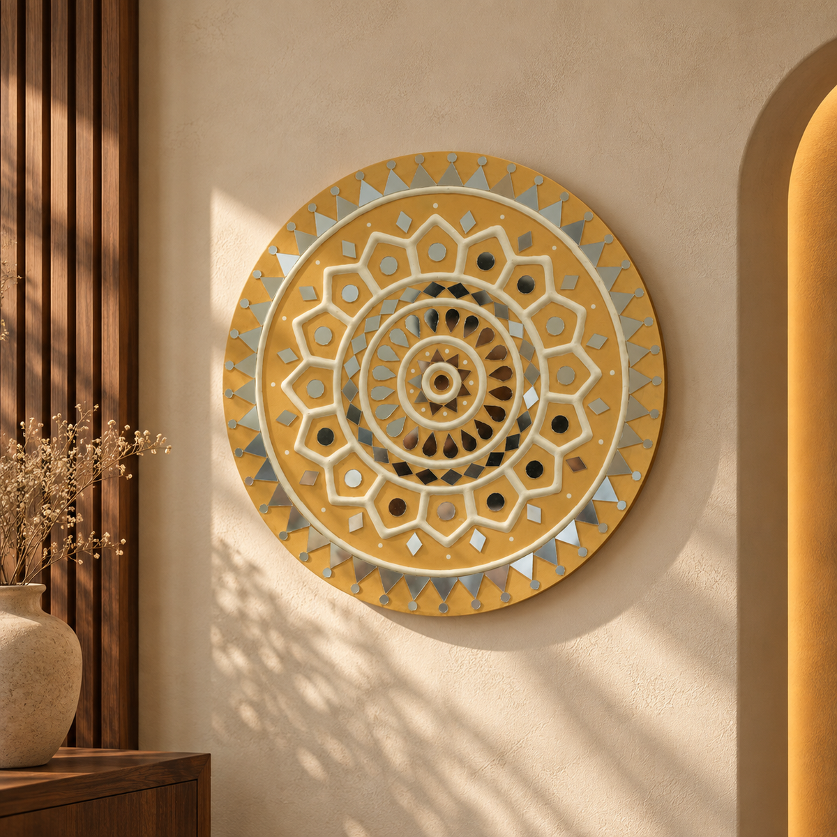 Mud Work Frame with Mirror Work Beige Round