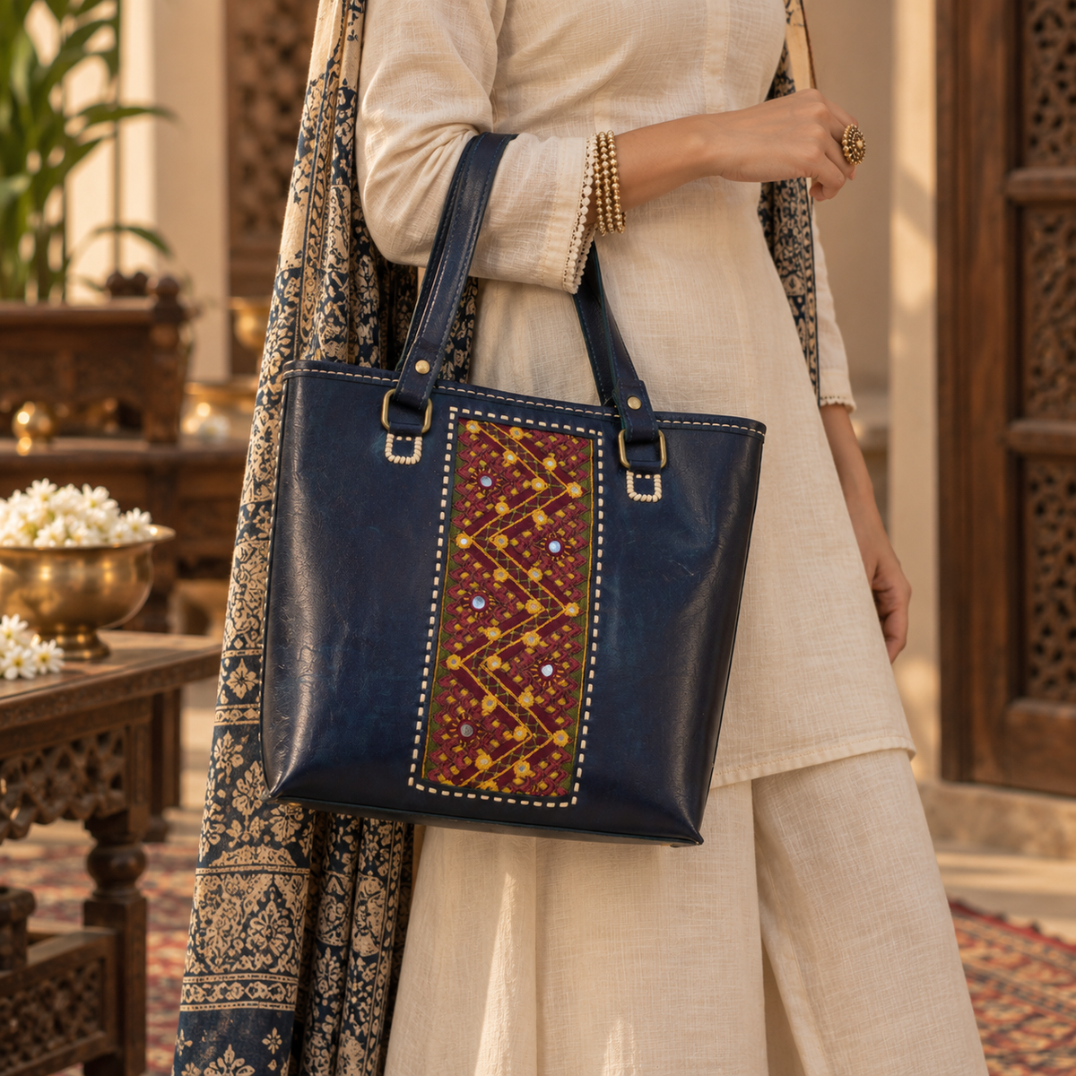 Navy Blue Leather Purse with Handwork Patch