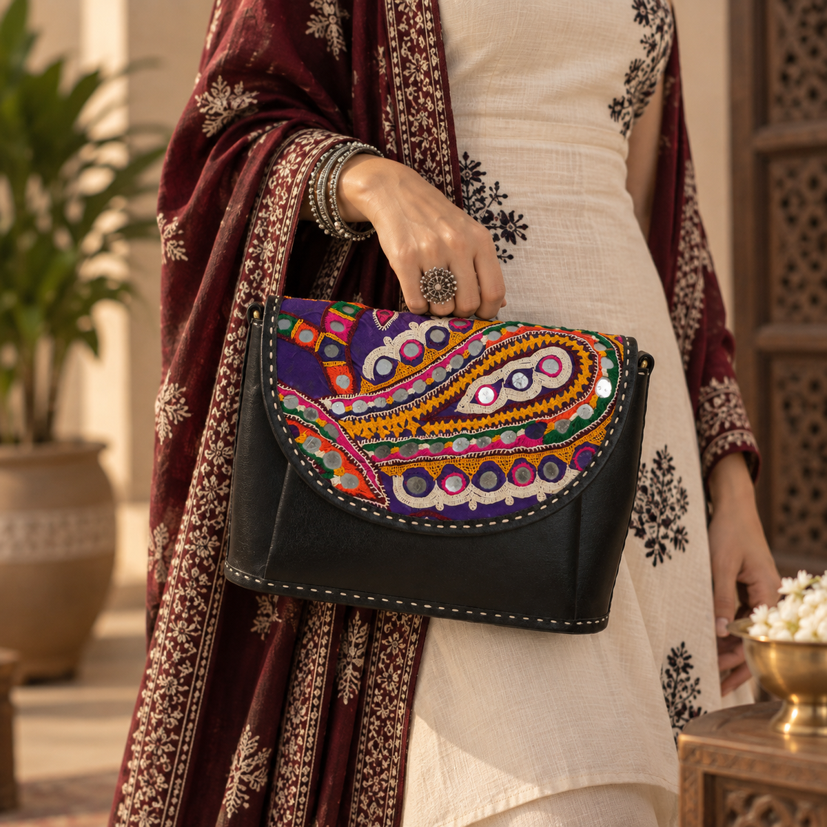Pure Handwork Patch Sling Bag