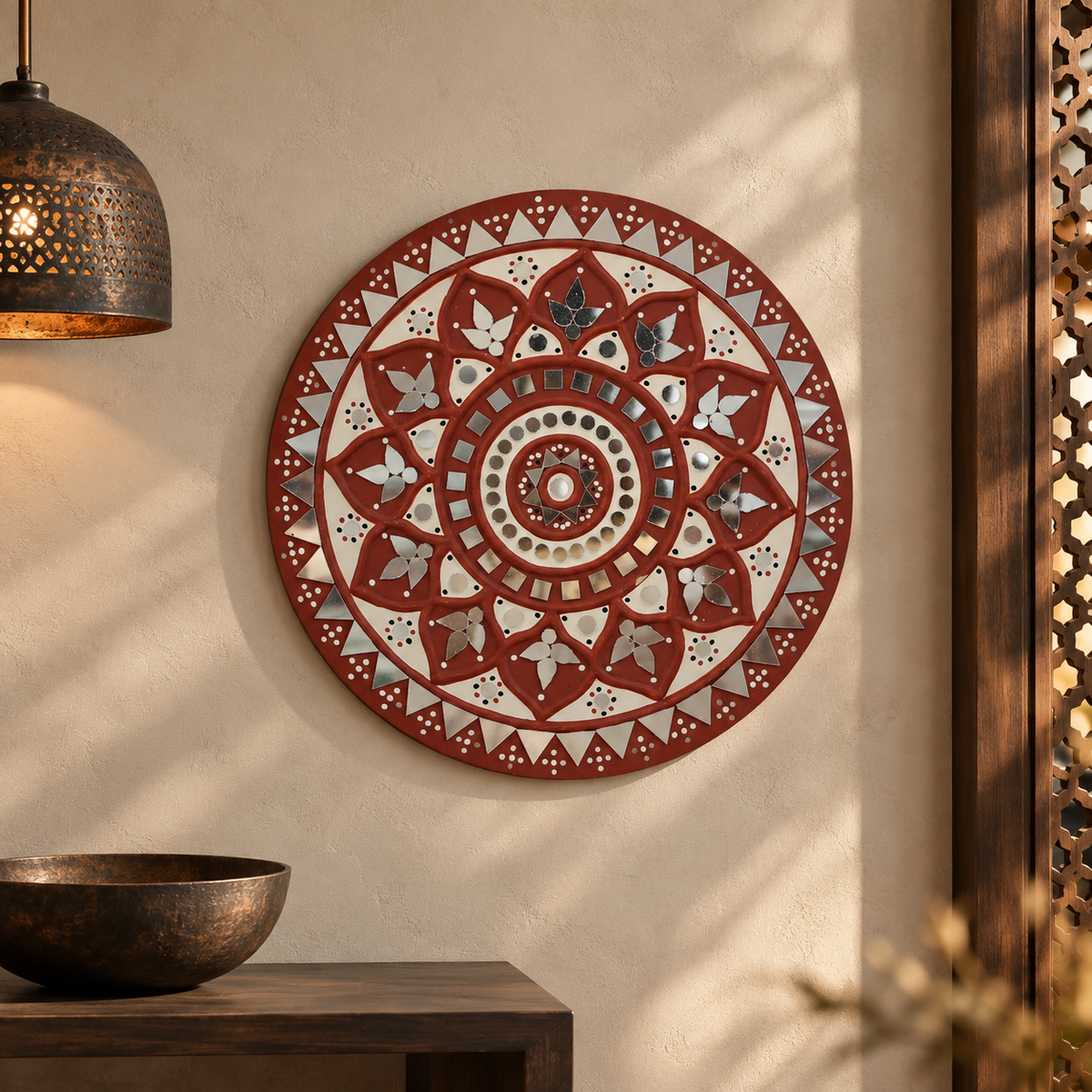 Round Frame with Mirror Work White and Maroon