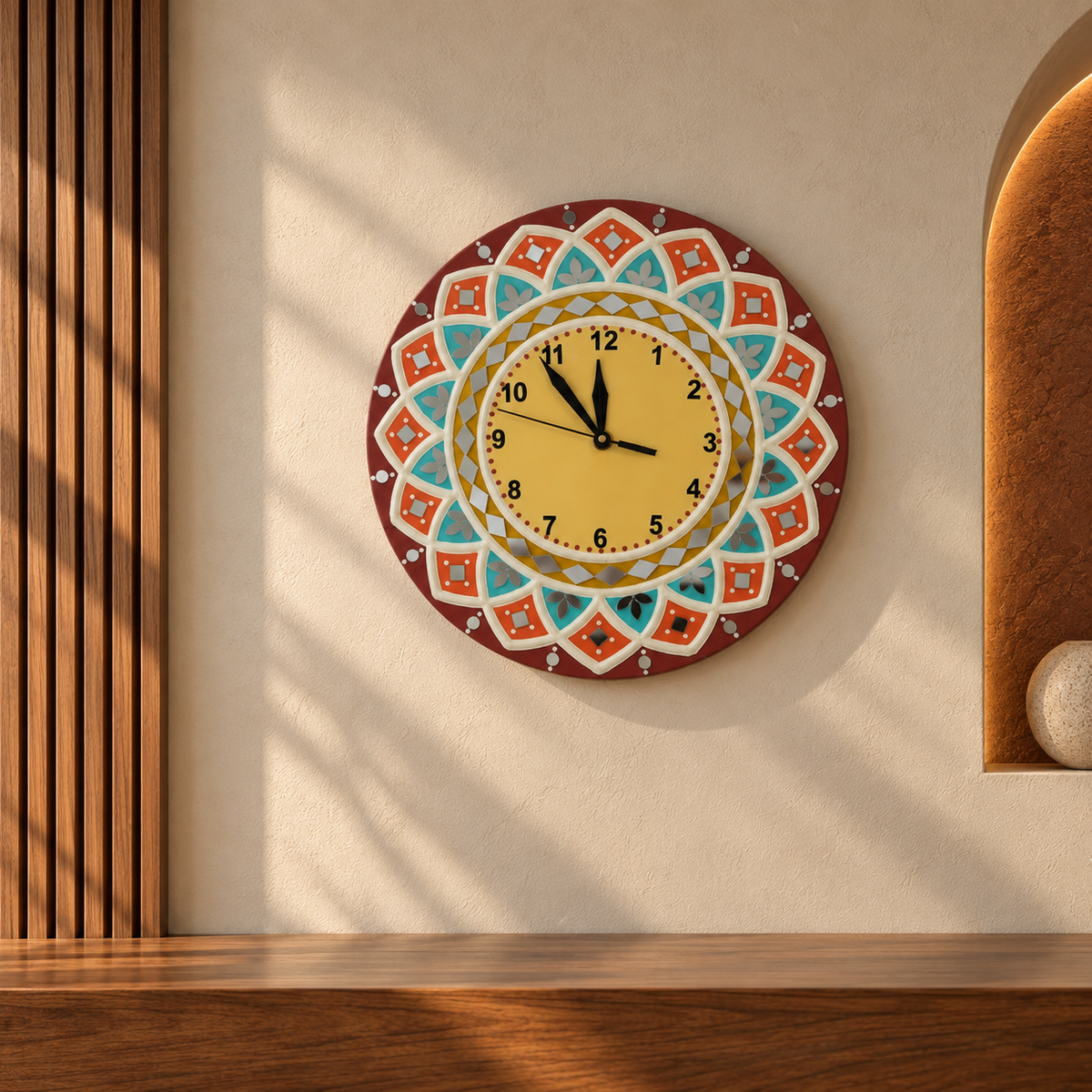 Round Lotus Wall Clock Blue & Orange