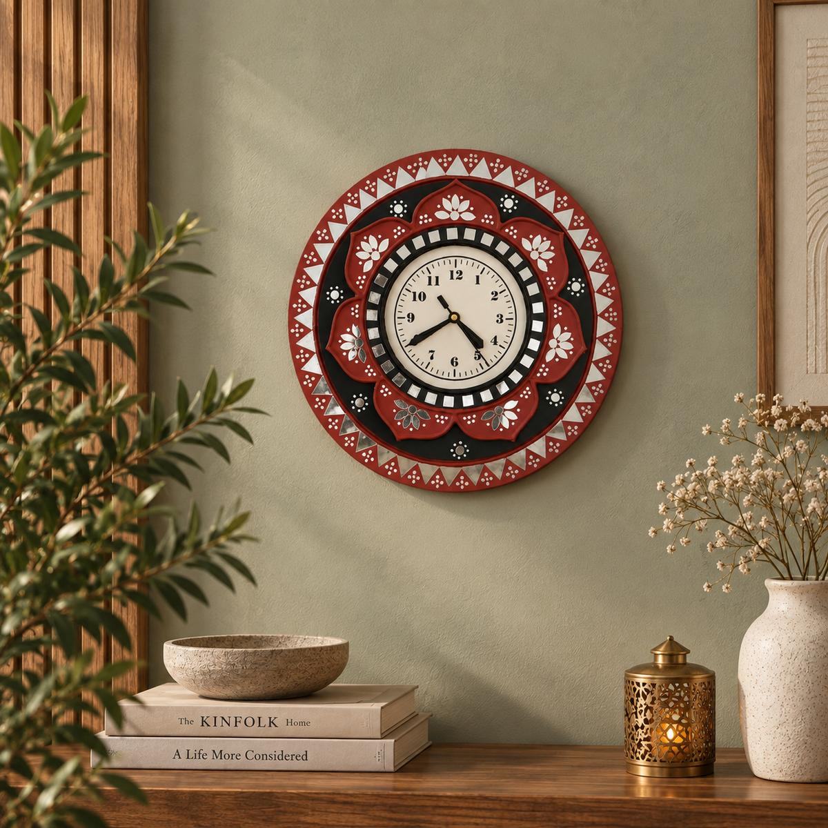 Round Lotus Wall Clock Black & Maroon