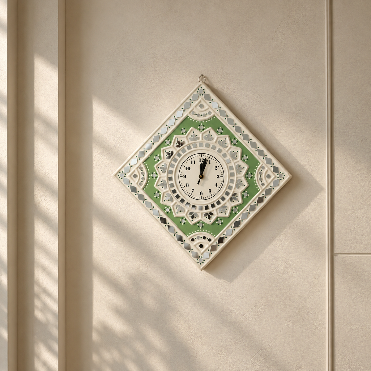 Square Mud Work Wall Clock Green & White